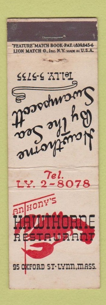 Matchbook Cover - Anthony's Hawthorne lobster MA Swampscott feature