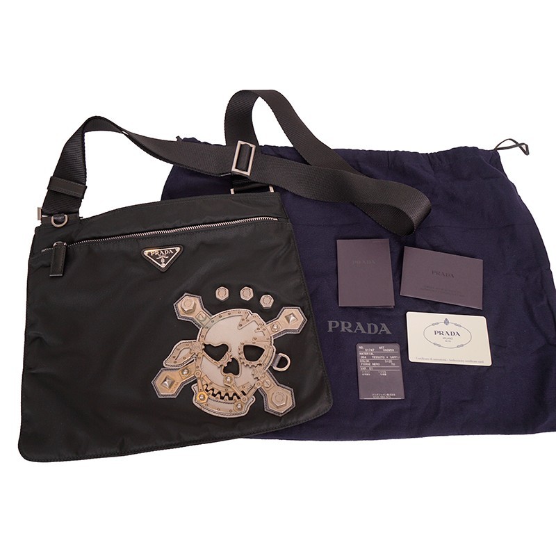 Vintage Prada 2011 Black Nylon Saffiano Skull Crossbone Crossbody Bag Unused
