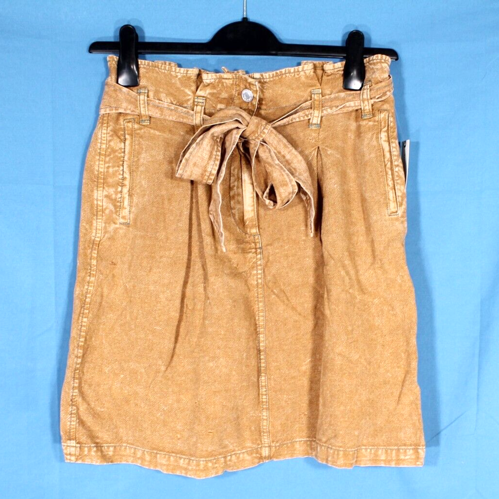 NWT PILCRO Anthropologie VINTAGE BROWN Linen Blend PLEATED Button MINI SKIRT 6
