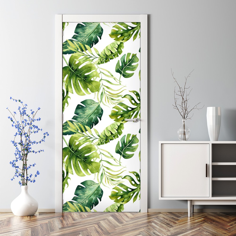 Exotic Green Leaves Bubble-Free Self-Adhesive Door Sticker Decal