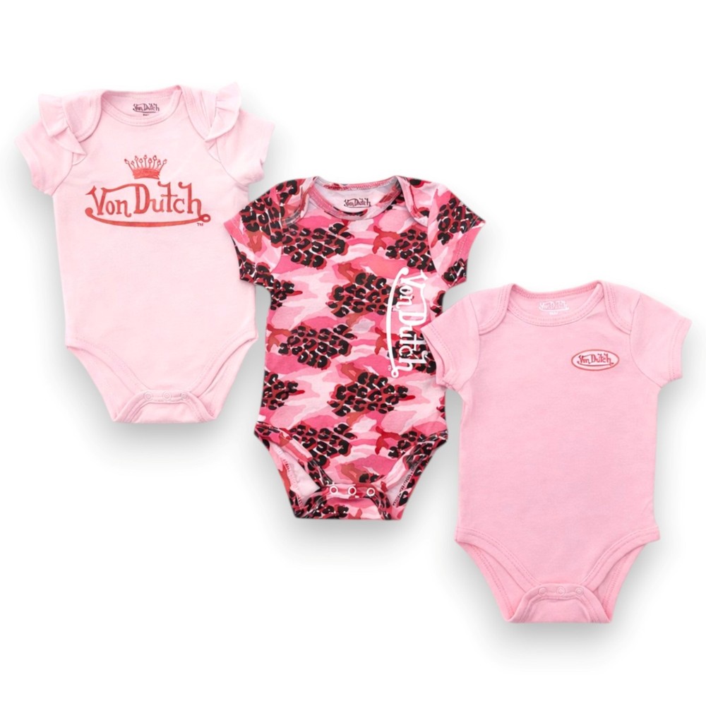 Von Dutch Baby Girls' 3-Pack Soft Graphic Bodysuit Sets Size NB 3M 6M 9M
