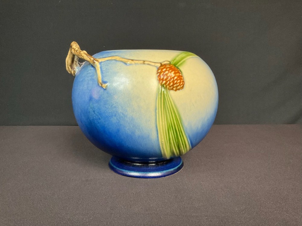 Roseville Pine Cone Blue 1936 Vintage Art Pottery Ceramic Bowl Vase 261-6