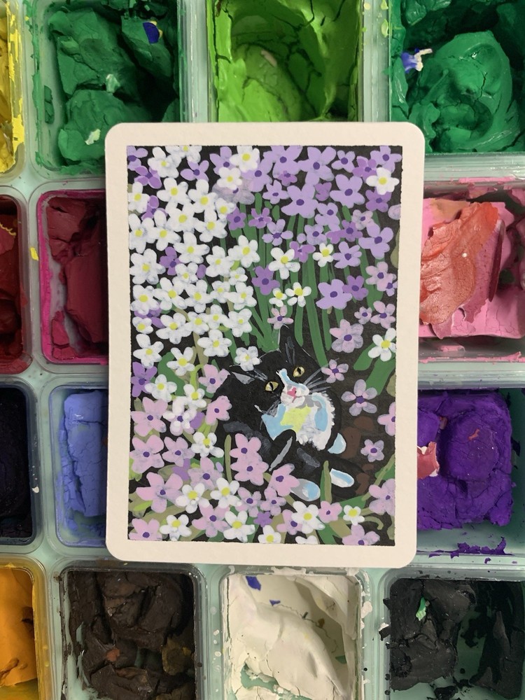 Original ACEO Tuxedo Cat Under Flowers OOAK Miniature Acrylic Painting By KAZ
