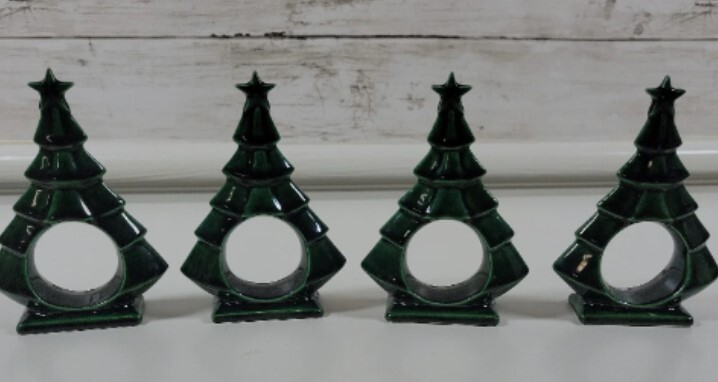 Vintage Green Ceramic Christmas Tree Napkin Rings Handcrafted Set of 4