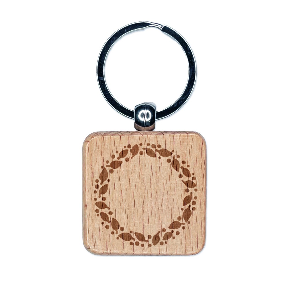 Leaves and Dots Round Border Engraved Wood Square Keychain Tag Charm