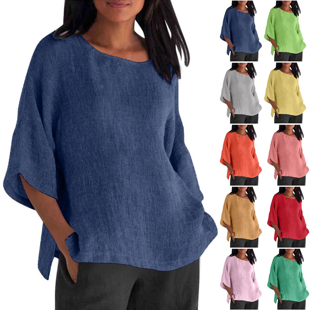 Women's Flax Linen Shirt Half Sleeve Round Neck Solid Color Blouse Top
