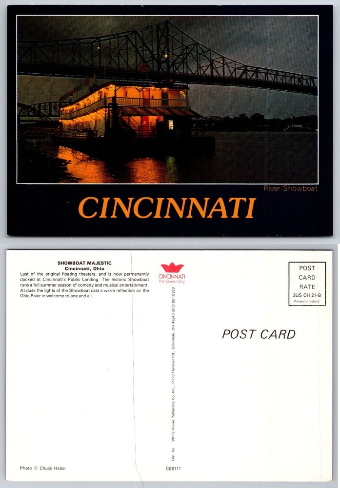 Cincinnati OH Showboat Majestic Ohio River Night Bridge Postcard