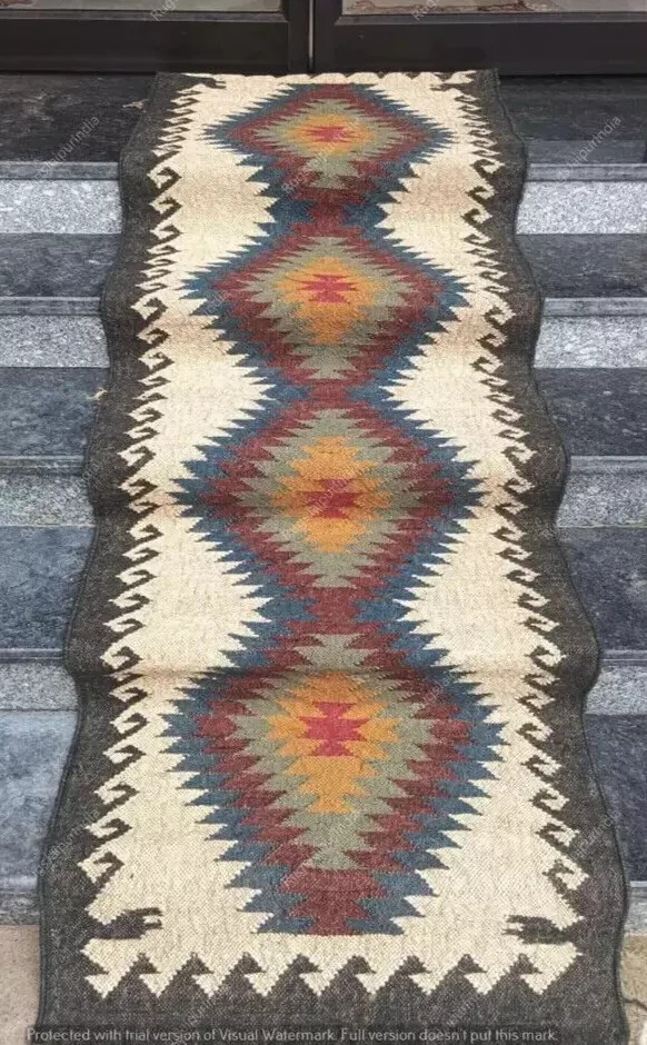 Vintage Aztec Kilim Runner Rug in Wool and Jute for Halloween Decor