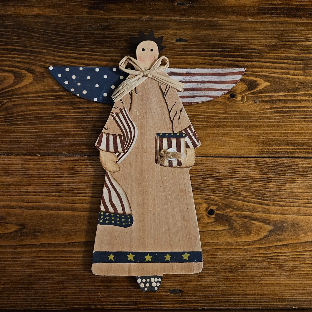 Patriotic Americana Wooden Angel Wall Hanging Folk Art Rustic Country Decor