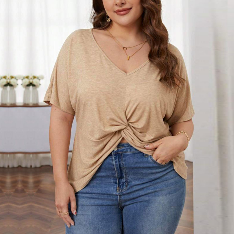Women's Top New Relaxed V-neck Short-sleeved Knitted T-shirt Irregular Hem Top