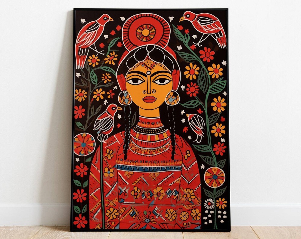 Freida Kahlo Madhubani Painting Modern Indian Folk Art Living Room Decor Wall