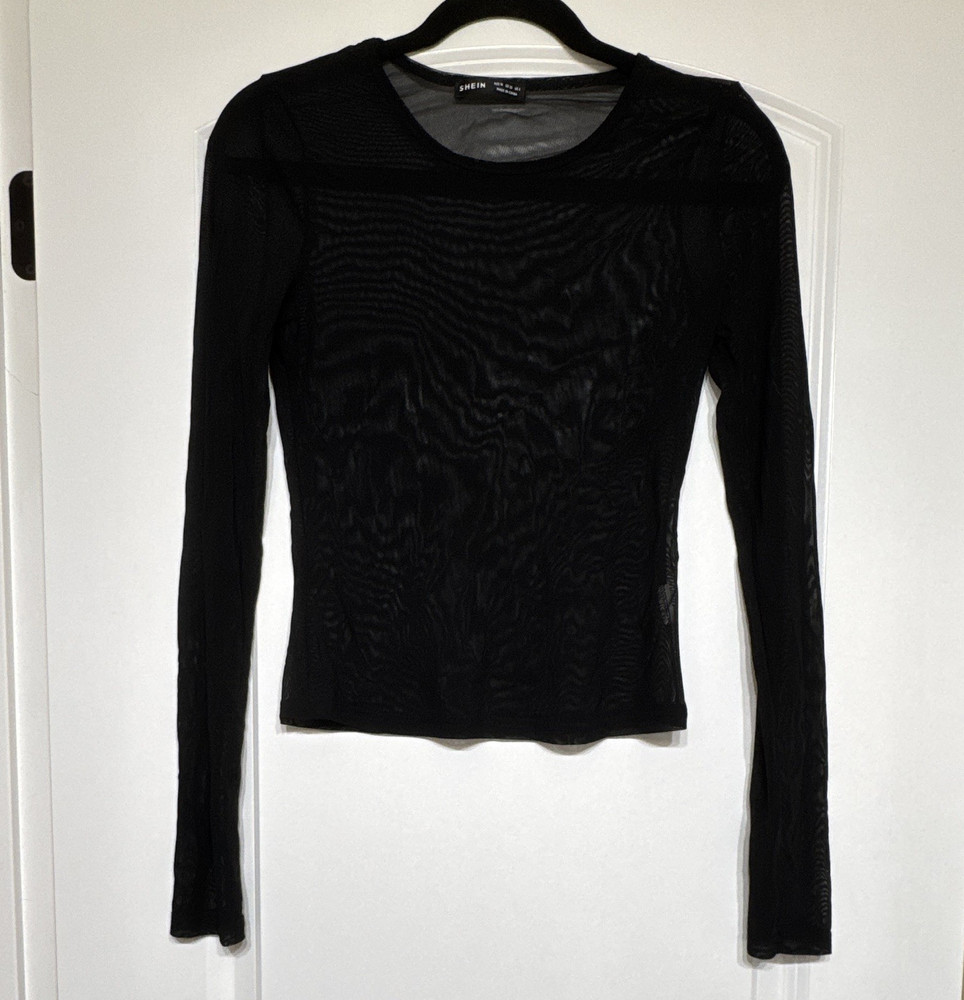 SHEIN Women's Black Sheer Mesh Long Sleeve Pullover Round Neck Top Size S