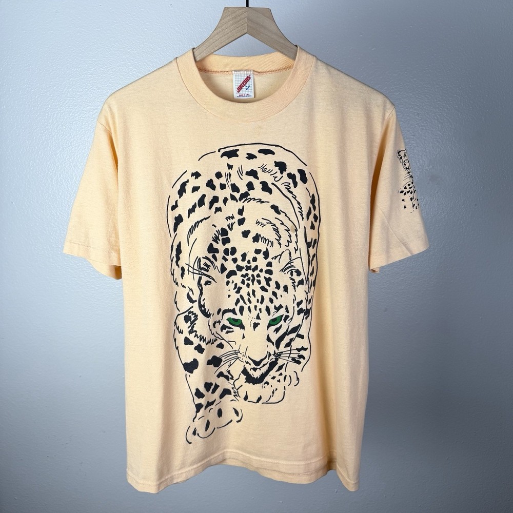 Vintage 80’s Leopard Big Cats Cheetah USA Single Stitch Peach T Shirt Size Large