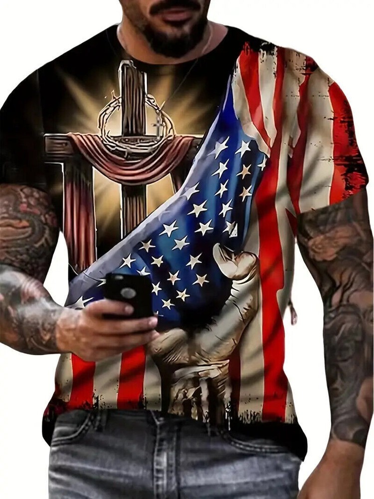 T Shirt USA Flag Christian Cross Casual Short Sleeve Fashion Men Fashion T-Shirt