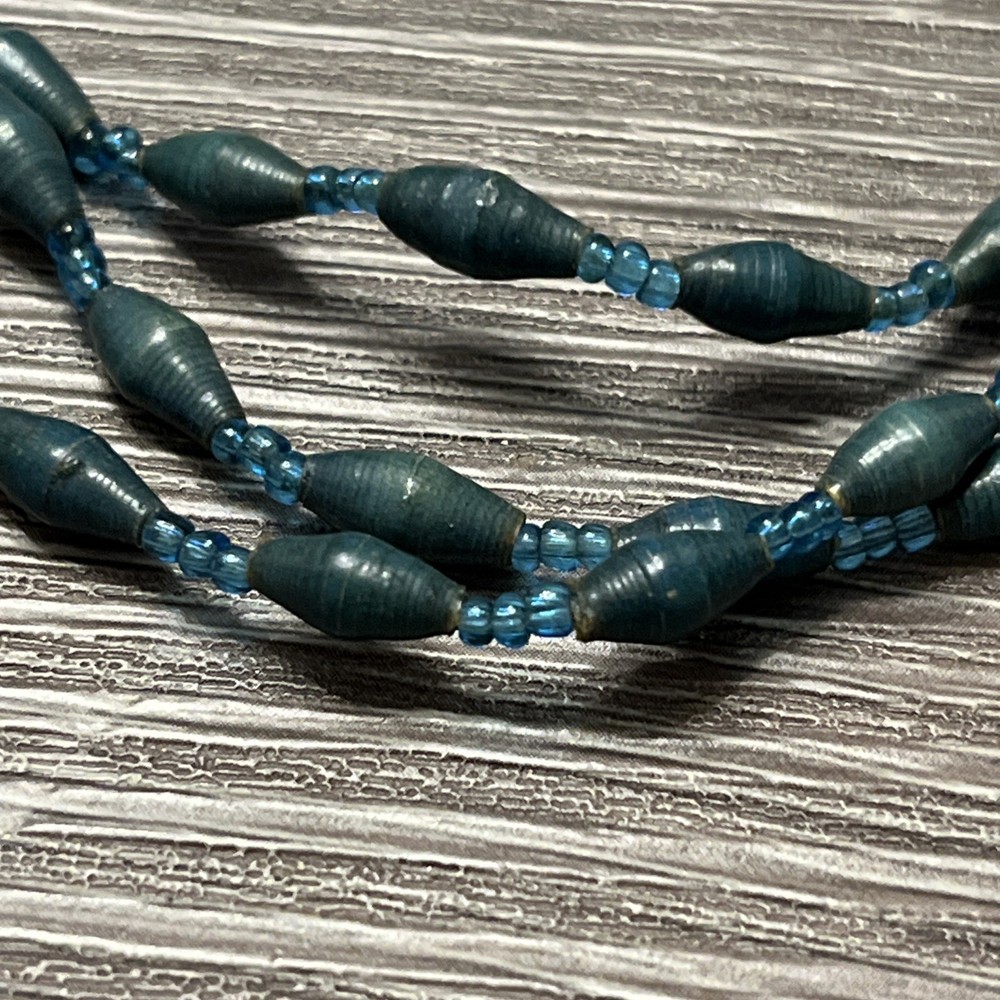 Vintage Blue Paper Bead Necklace 18” Handmade Layered Boho Jewelry