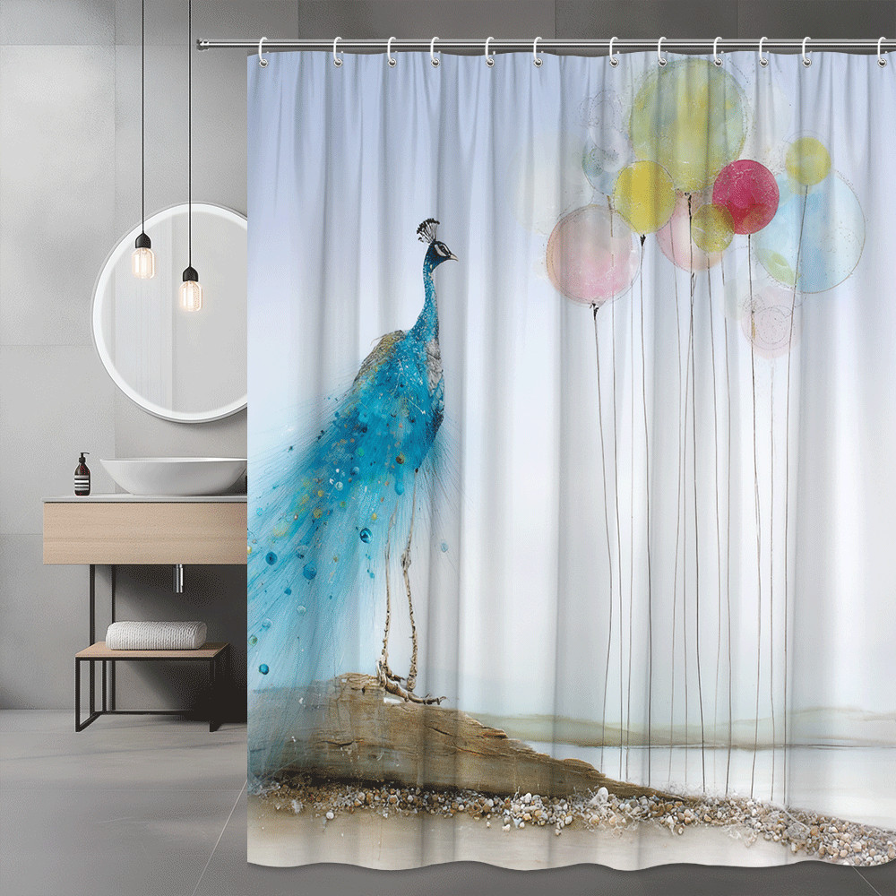 Peacock and Balloons Shower Curtain Abstract Bird Print