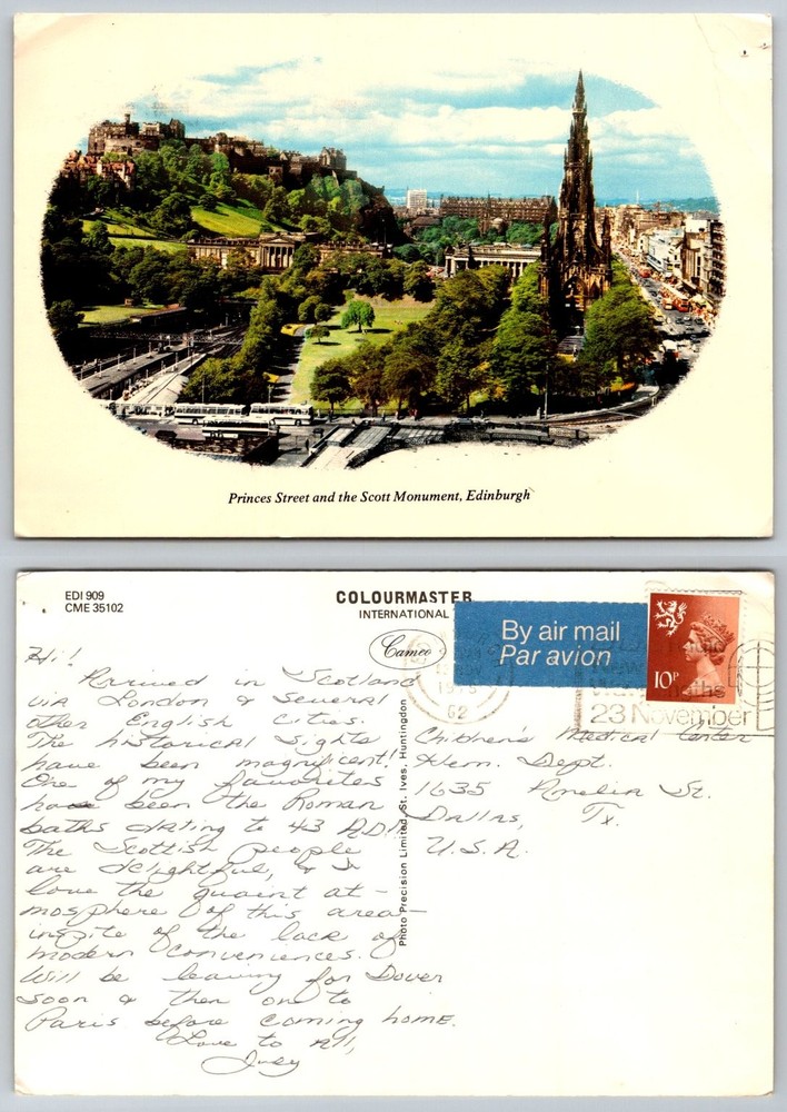 Princes Street Scott Monument Edinburgh Scotland Postcard 1973 Posted