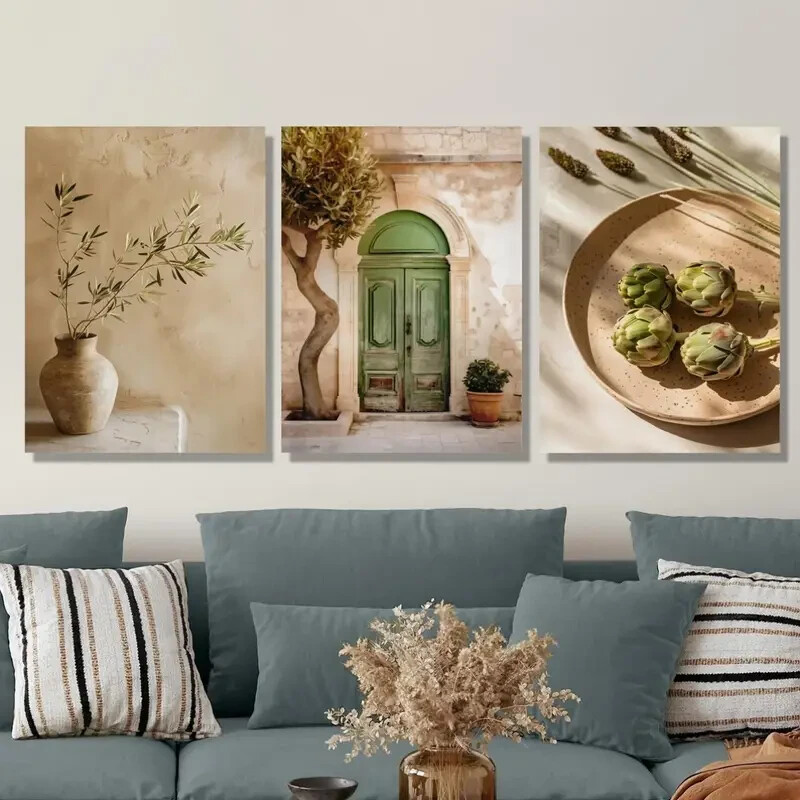 3pcs Rustic Italian Vintage Olive Tree Metal Art Print with Vase Ready to Hang