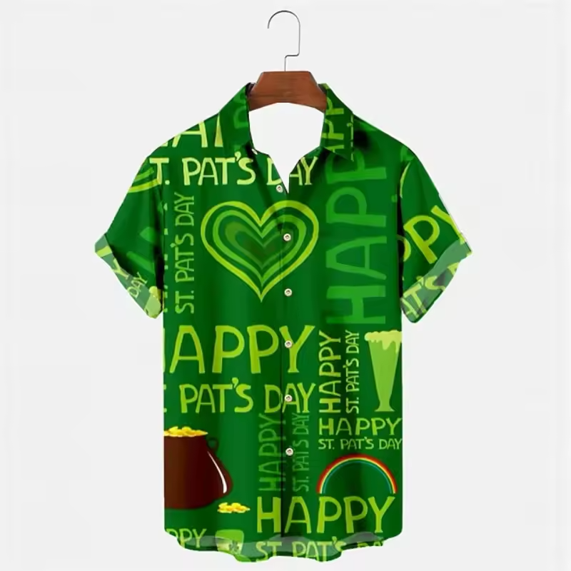 St Patricks Day Hawaiian Shirt Lucky Clover Green White Short Sleeve Button Up