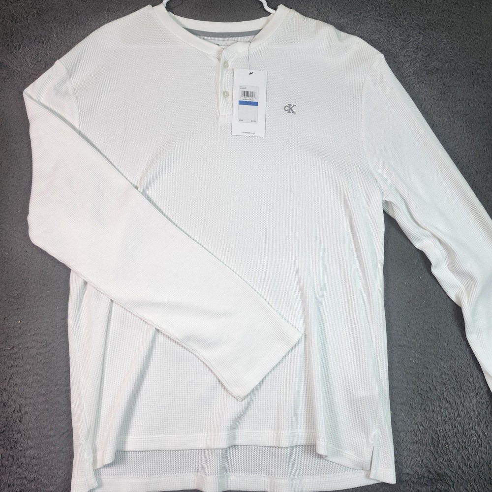 Calvin Klein Jeans Shirt Mens XL White Thermal Henley Long Sleeve CK Logo Waffle