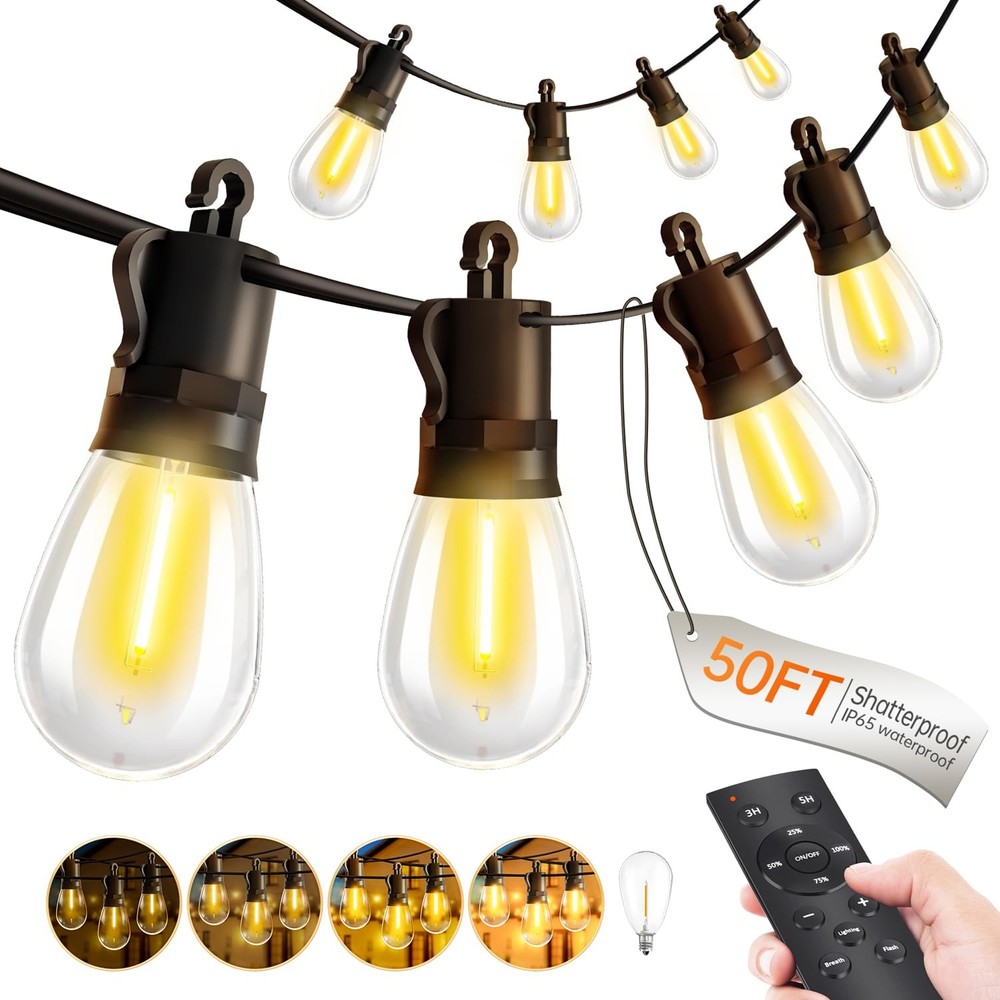 Outdoor-String-Lights-Patio-LED-Light-Outside 50Ft 15M Waterproof Remote Dimm...