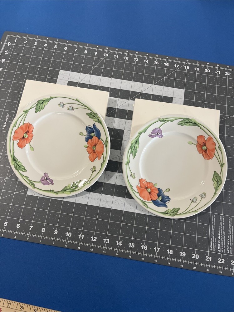 Villeroy & Boch Amapola (2) Salad Plates Blue / Orange Floral W Germany 1748