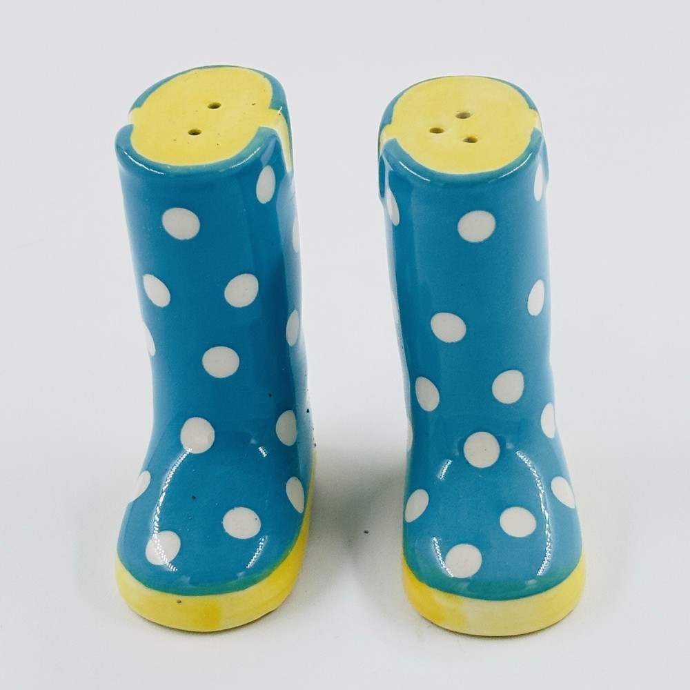Vintage Hallmark Blue Polka Dot Rain Boots Salt & Pepper Shakers Ceramic Spring
