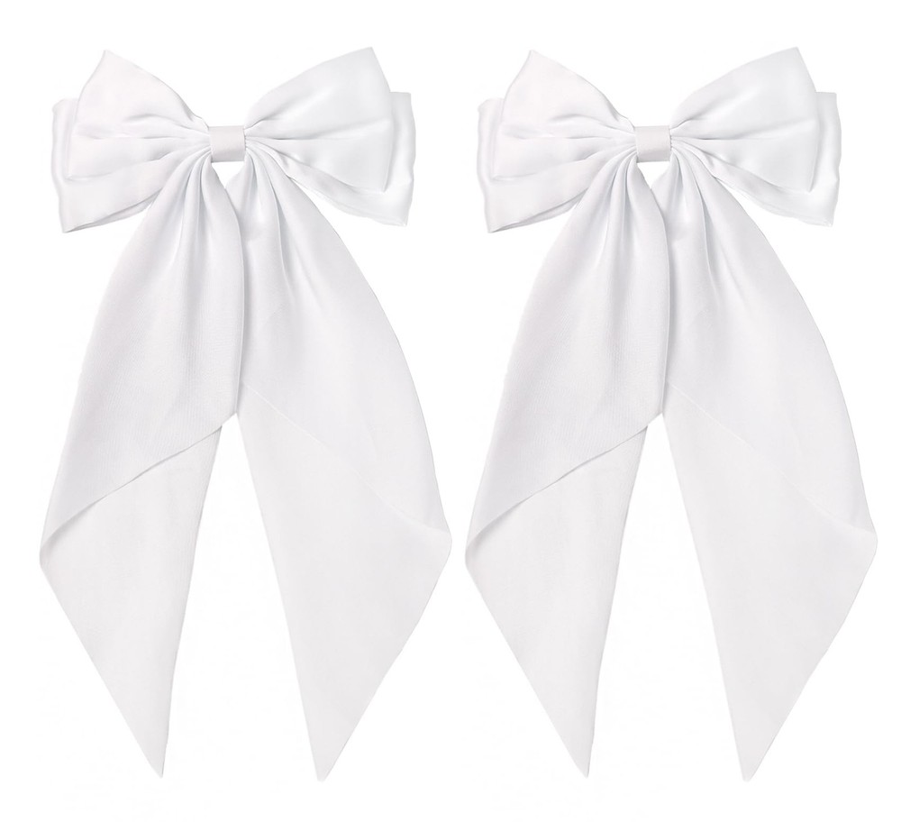 White Hair Bow for Women 2pcs Big Large Satin Long Tail Clips Barrette Ribbon