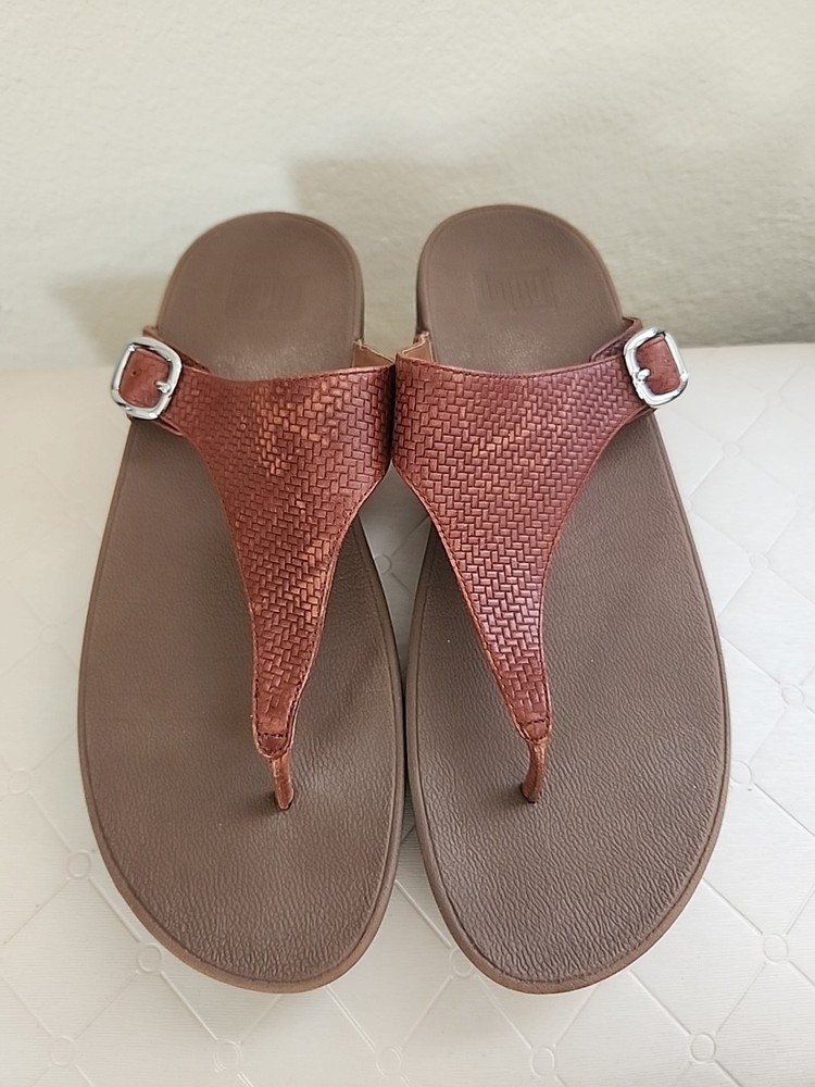 Womens Fitflop The Skinny Brown Woven Thong Sandals Sz 11