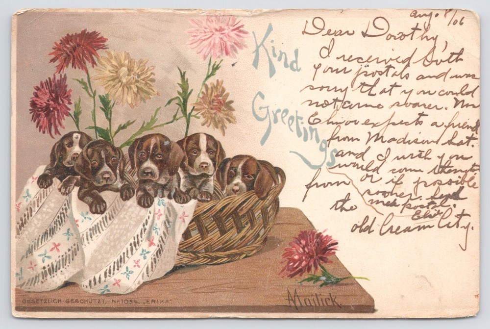 Artist Signed Mailick~Kind Greetings & Basket Of Pups~Mums~1906 UDB Postcard
