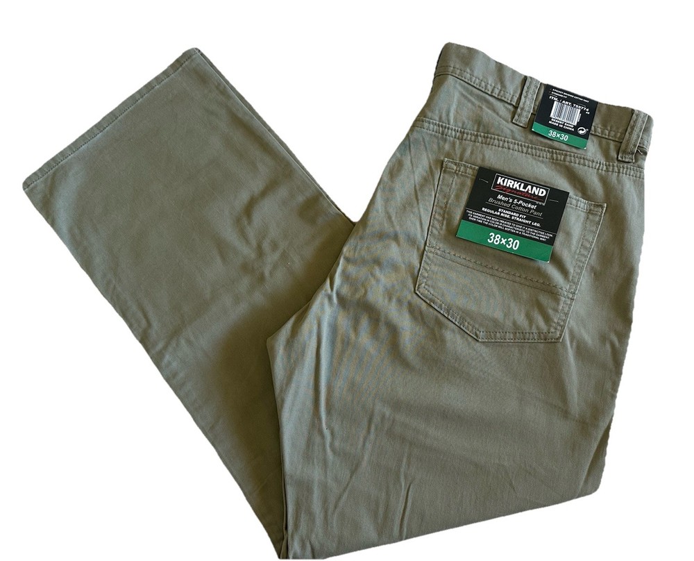 KIRKLAND SIGNATURE MEN'S 5 POCKET BRUSHED COTTON PANTS 38x30, COLOR: DESERT SAND