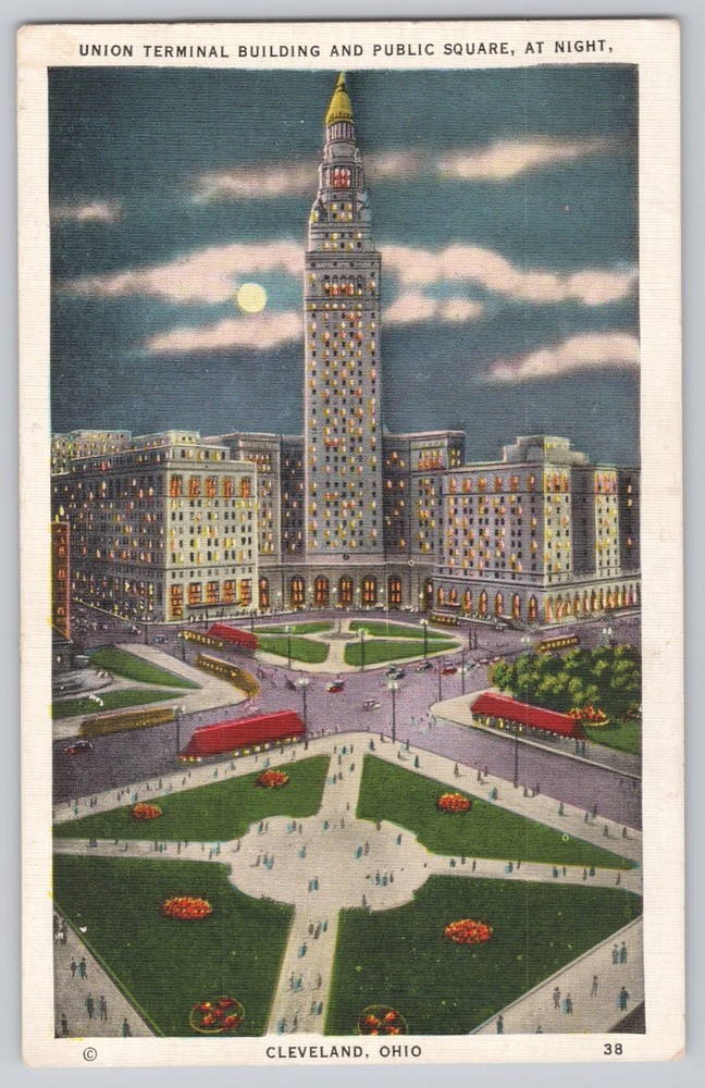 Cleveland Ohio Union Terminal Building and Public Square Night Vintage Postcard