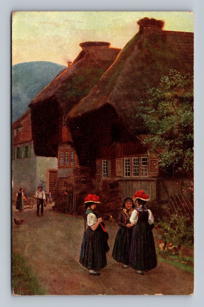 Germany- Black Forest Girls Chatting in A Small Village Old PC Vintage Postcard