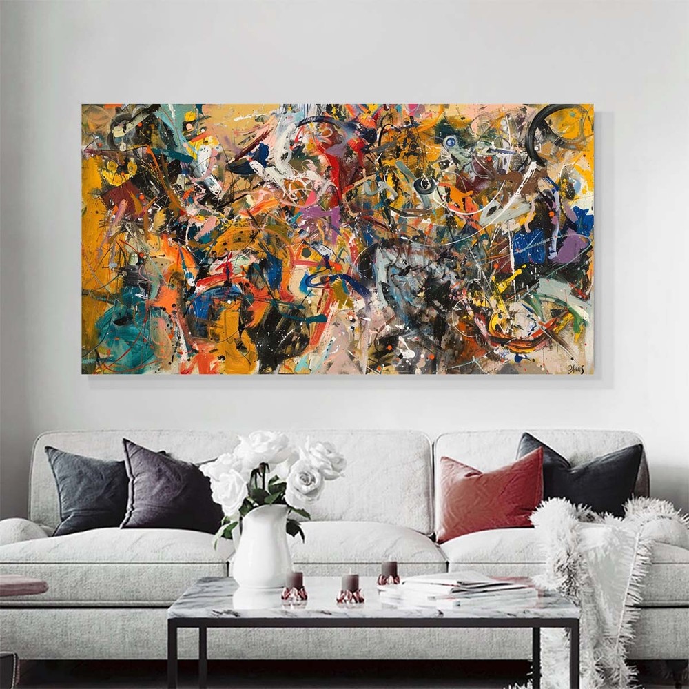 hand painted abstract canvas wall art for living room modern navy blue