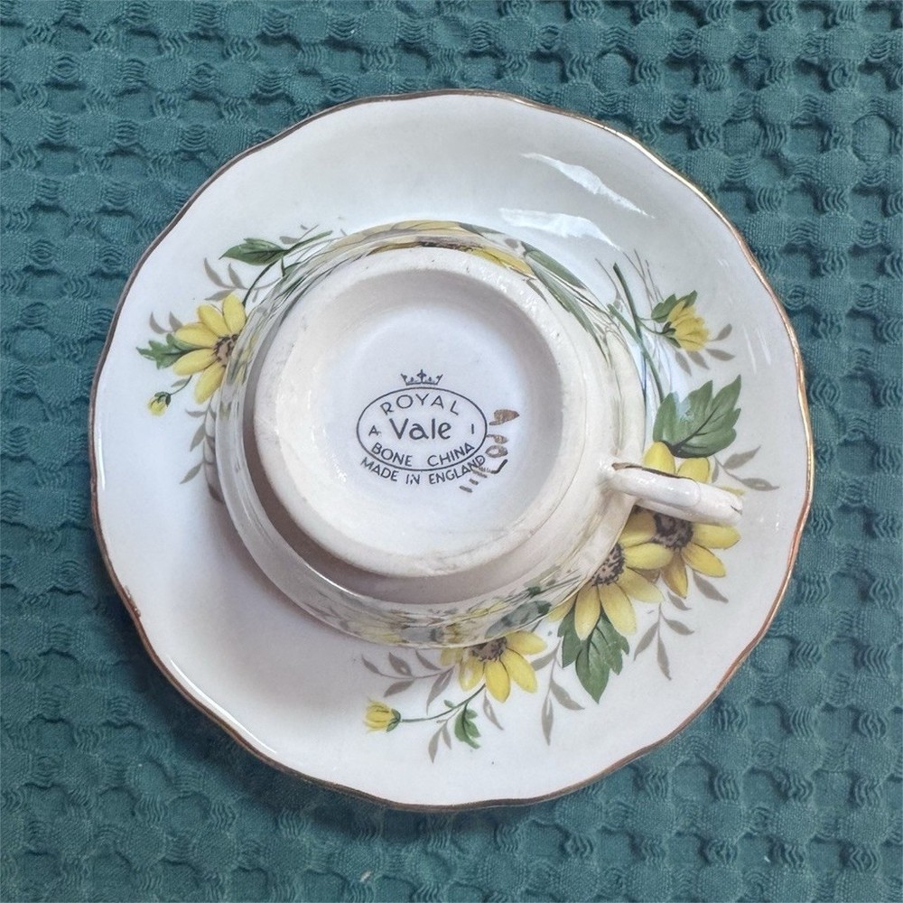 Royal Vale Bone China Floral Tea Cup & Saucer Set White Yellow Green Painted