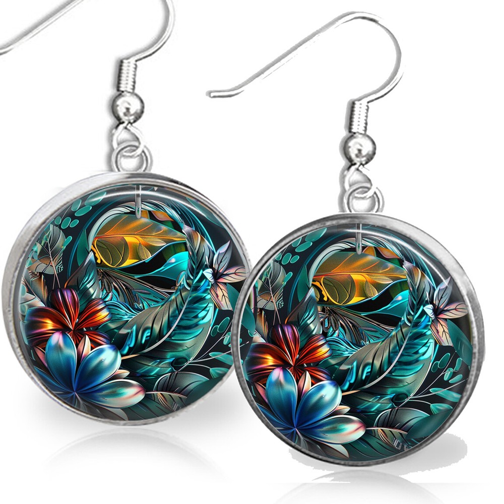 Abstract Art Floral Earrings Dangle NO TARNISHING Colorful Flowers Leaves-image