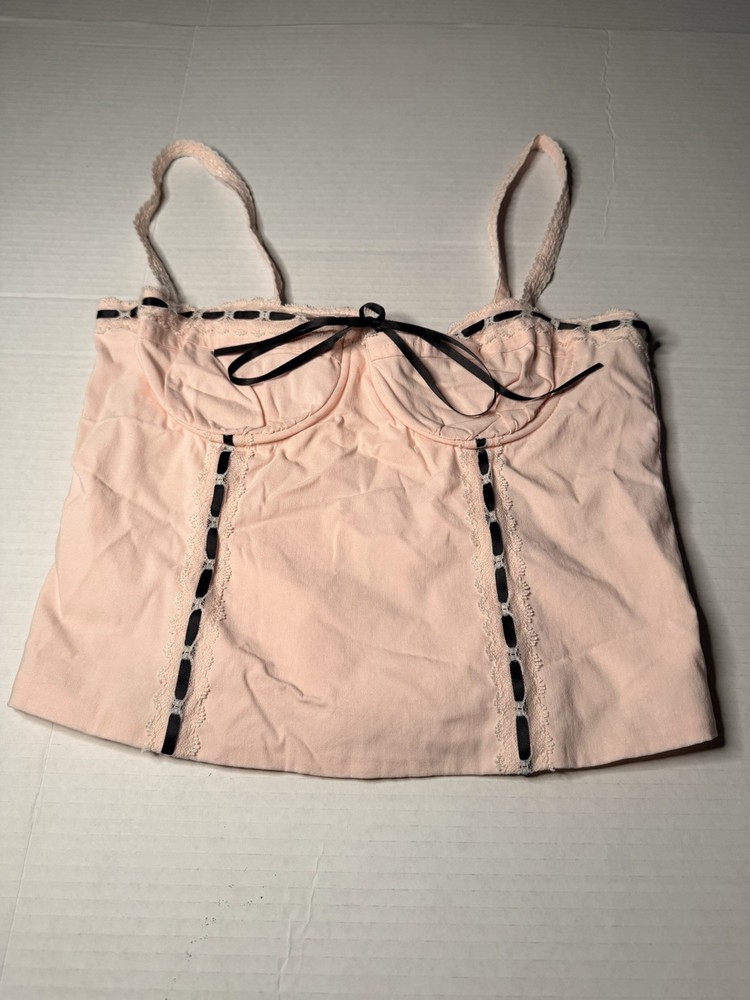 Beverly and Beck Pink Crop Top Size S Black Ribbon Bow Lace Trim Smocked Y2K