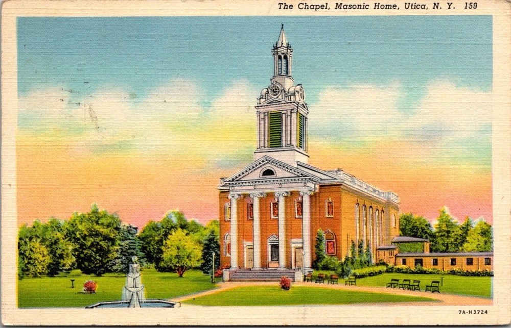 Masonic Home Chapel Utica NY Linen Postcard 1950 Curteich CT Art-Colortone