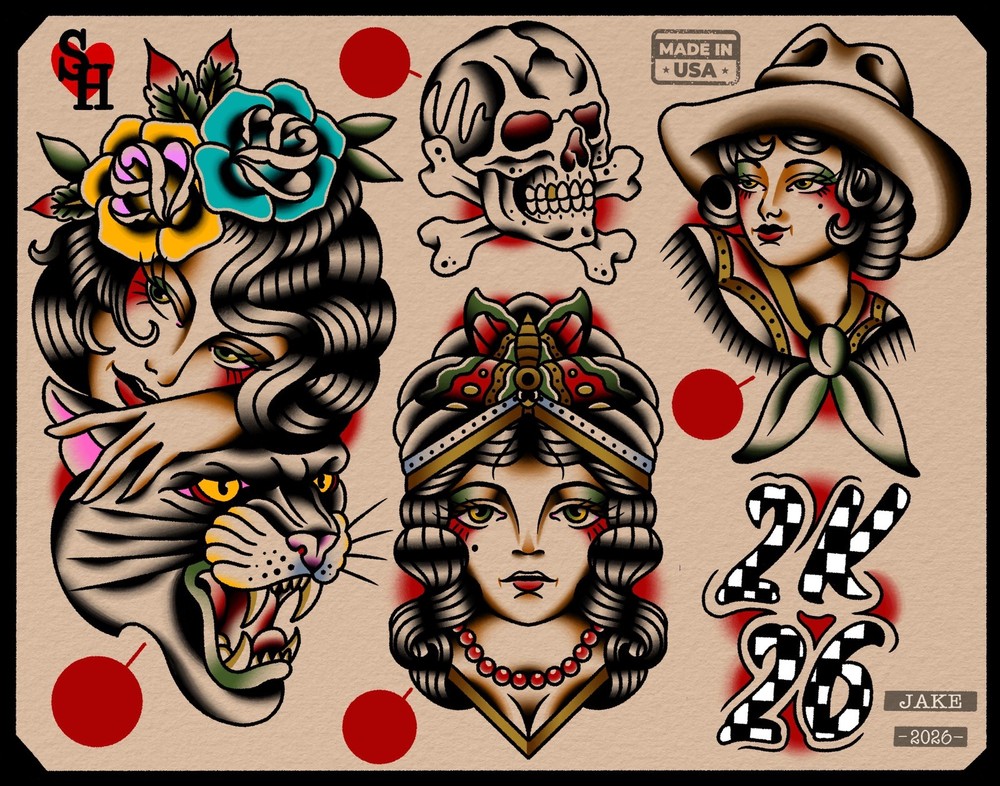 American Traditional Panther Lady  Tattoo Flash Print 11x14