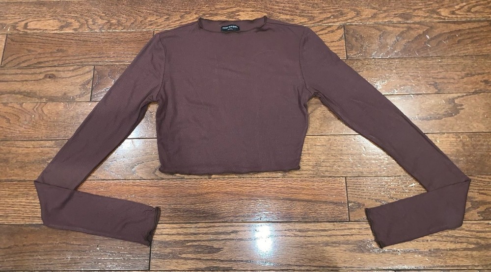 Naked Wardrobe Ribbed Long Sleeve Crop Top Brown Size S