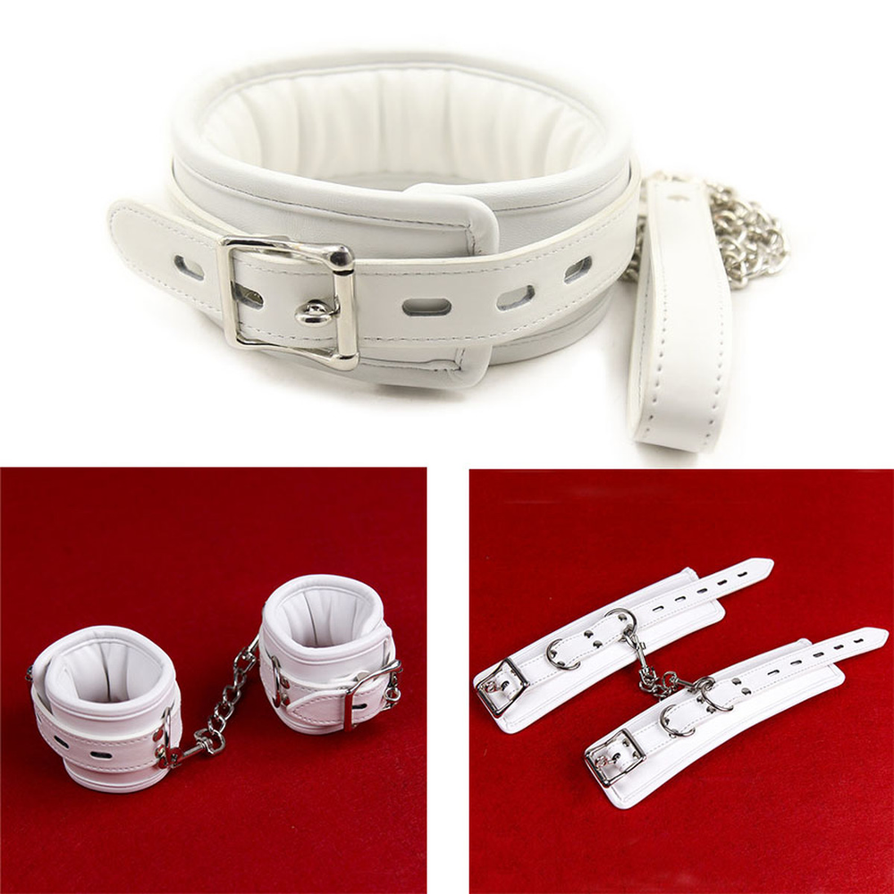 Couples Bondage PU Leather Hand+Ankle+Neck Choker Cuffs White Set with Chain SM