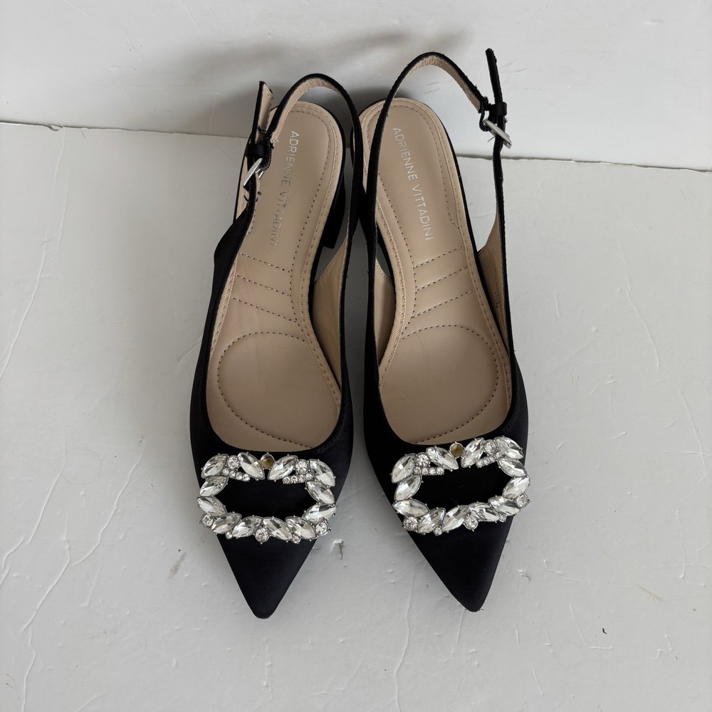Adrienne Vittadini Womens Shoes Black Satin Size 7.5 Gizzi Slingback Pumps