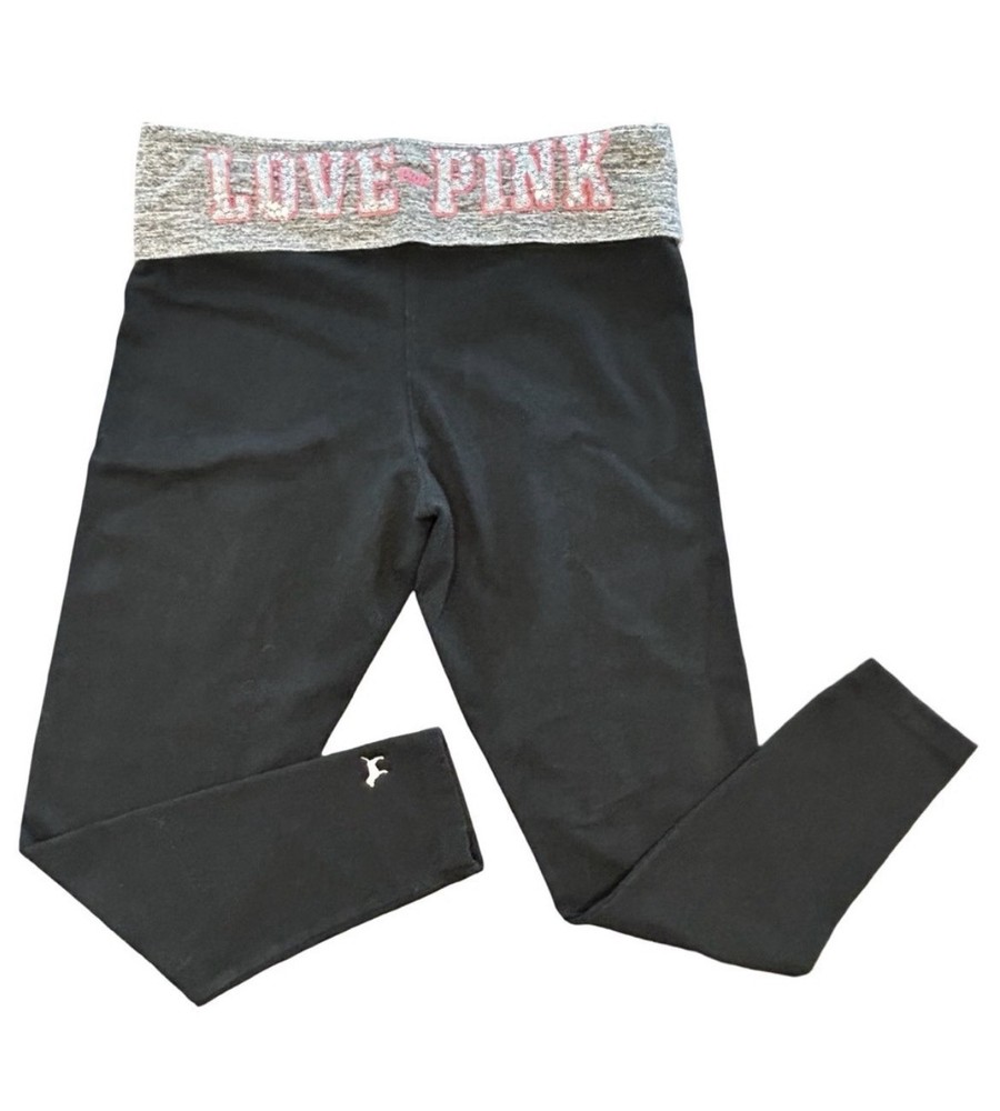Victoria’s Secret Pink Y2K black Mcbling love pink sequin fold over leggings L