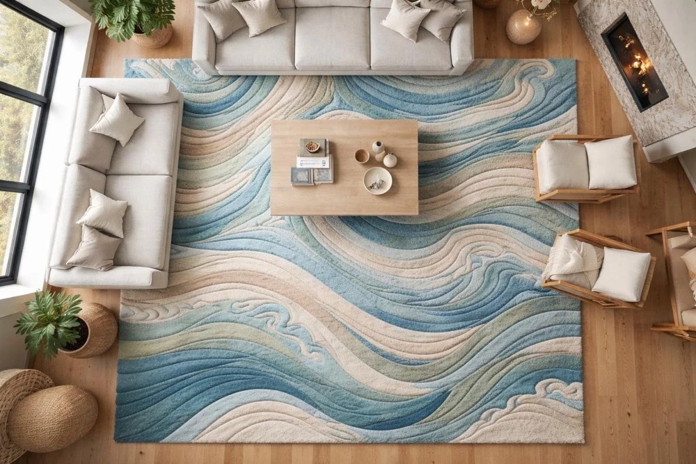 9x12 Modern Swirl Organic Area Rug | Coastal Ocean Blue | Carved Living Room Rug
