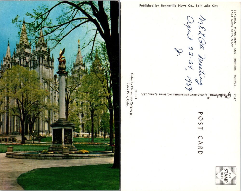 Seagull Monument and Mormon Temple Salt Lake City Utah UT Postcard
