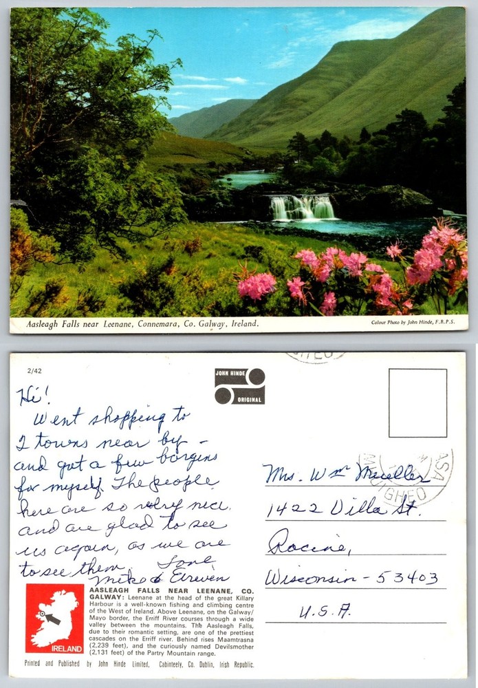 Aasleagh Falls Leenane Connemara Ireland Vintage John Hinde Postcard Posted