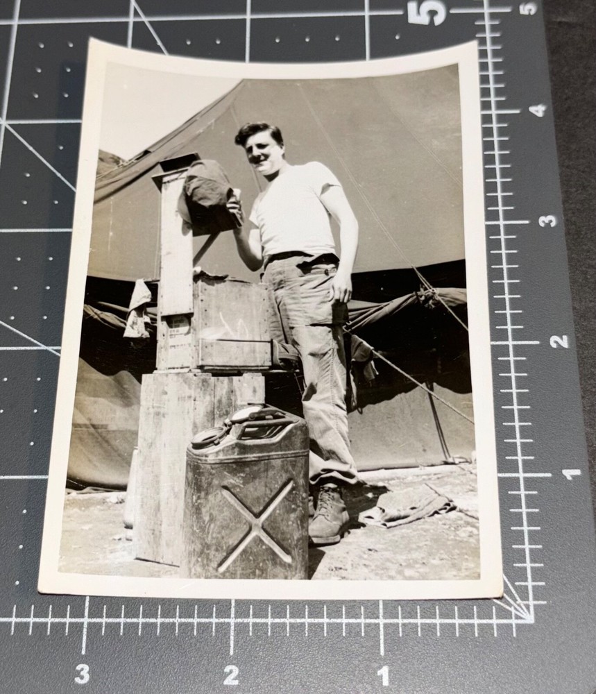 1950s Army Man SHAVING Cream Camp Tent Razor Vintage Snapshot PHOTO