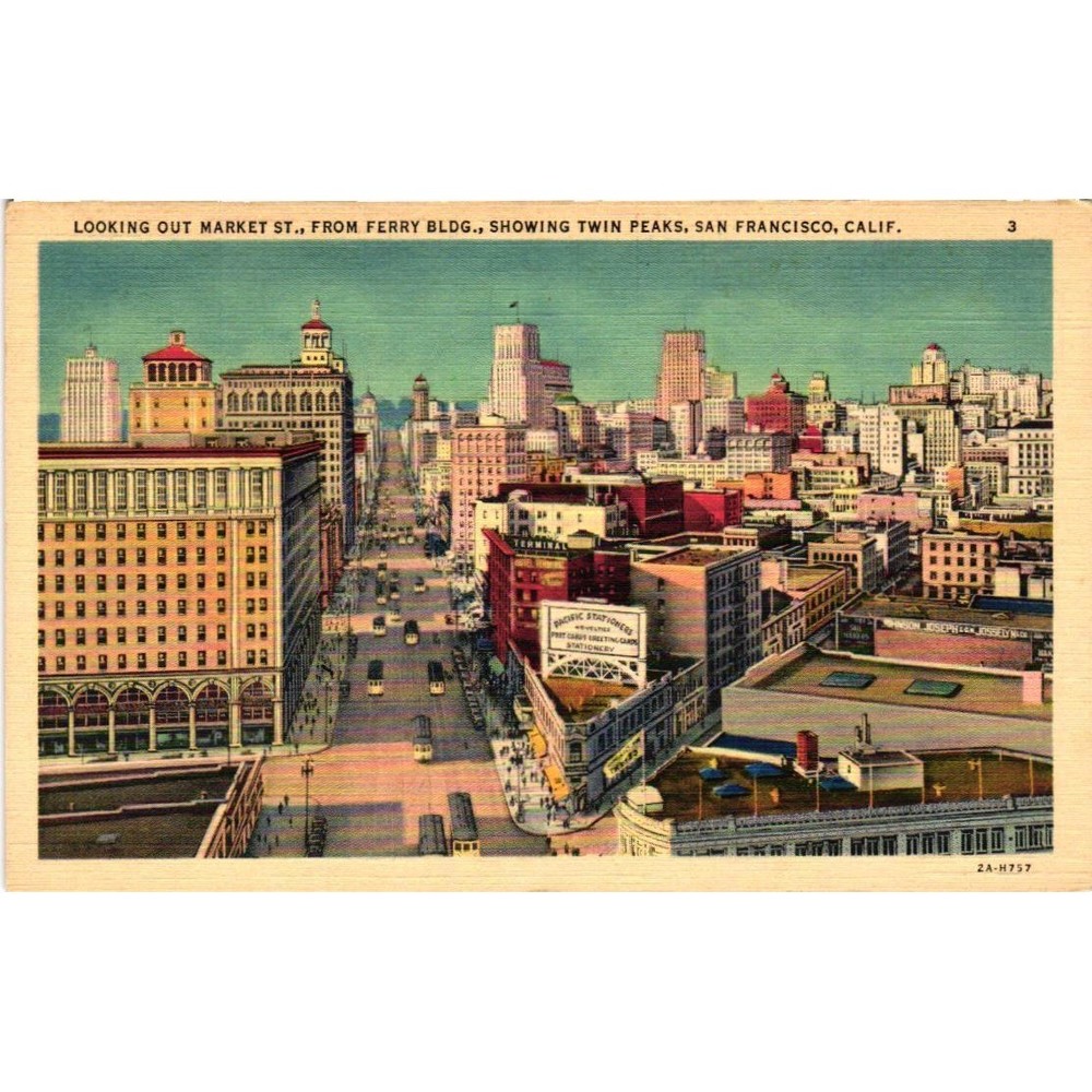 VTG San Francisco Postcard Market Street Ferry Building Twin Peaks Linen 1940s