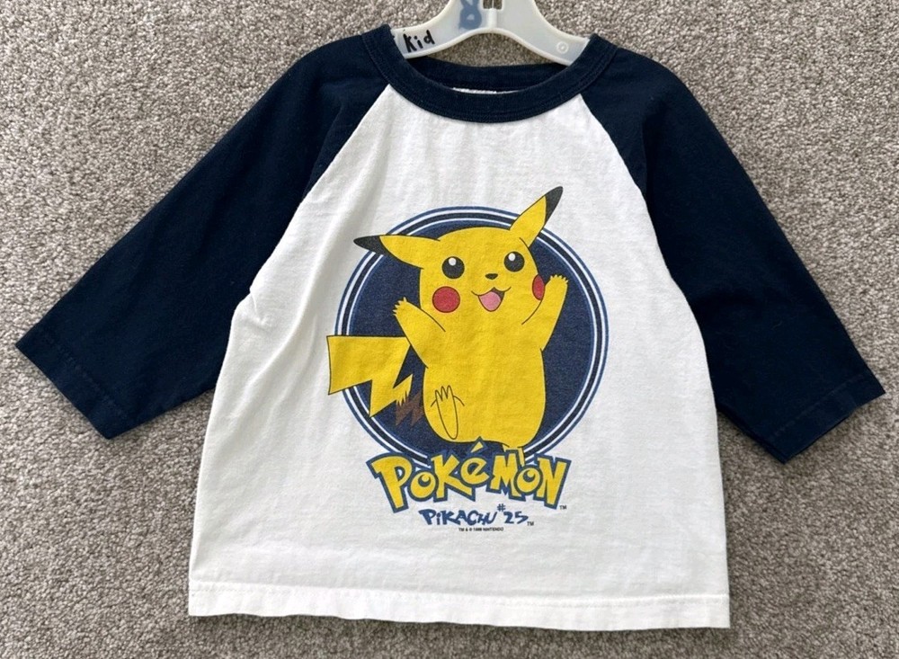 Vtg 90s Nintendo Pokemon Pikachu Boys 5/6 Raglan 1/2 Sleeve T-Shirt Double Sided