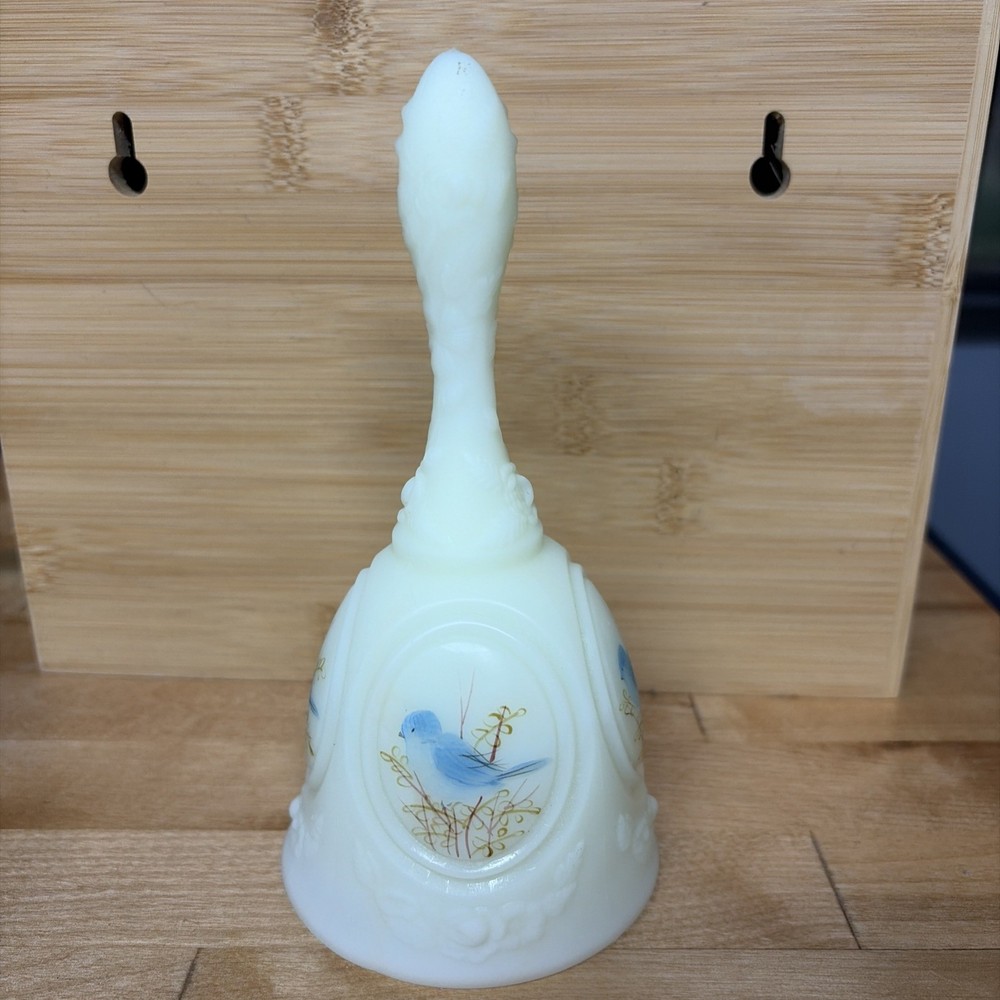 Vintage Fenton Hand Painted Signed Uranium Satin Blue Bird Custard Bell